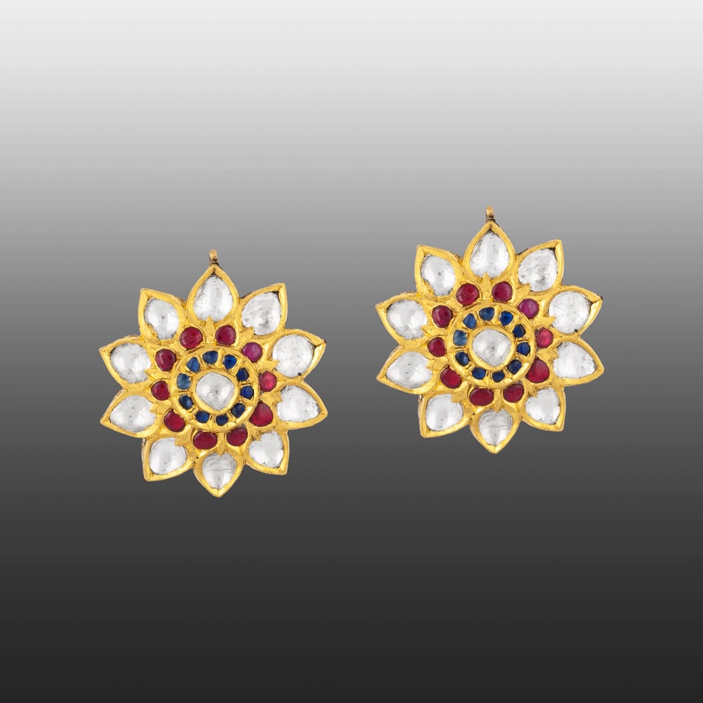 Floral Polki Studs with Red-Blue Talaf & Polki Petals